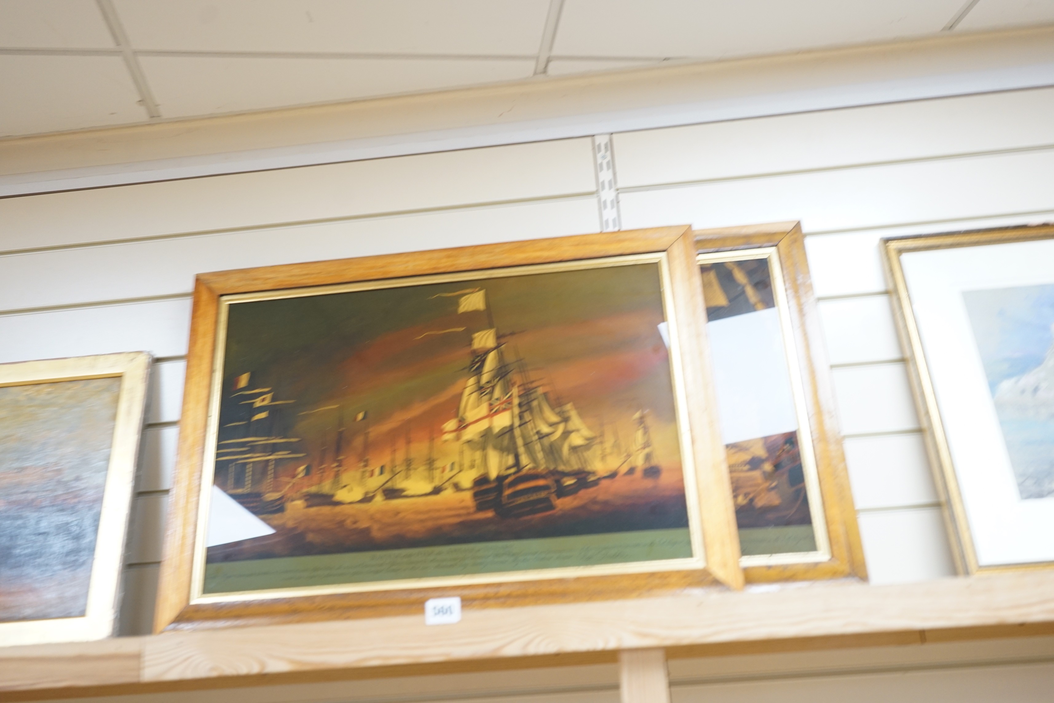 A pair of modern reprint reverse prints on glass, Views of the Battle of the Nile, 42 x 63cm